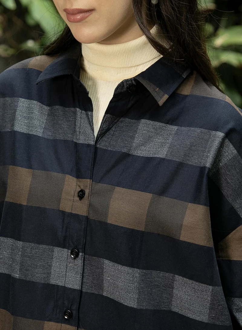 Pinacolada  Women's Mocha Brown:Moon Grey Block-Buffalo Check Oversized Shirt | نساء | أكمام طويلة | كاروهات | طوق منتشر | كاجوال كبير الحجم | قميص for Women | Best Price UAE