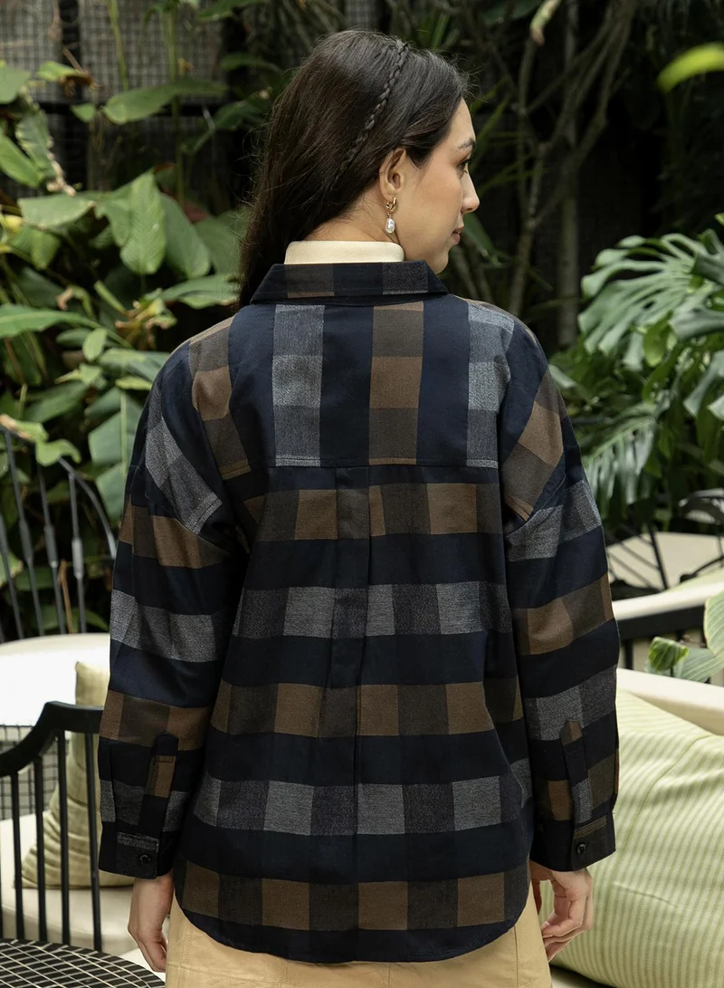 Pinacolada  Women's Mocha Brown:Moon Grey Block-Buffalo Check Oversized Shirt | نساء | أكمام طويلة | كاروهات | طوق منتشر | كاجوال كبير الحجم | قميص for Women | Best Price UAE