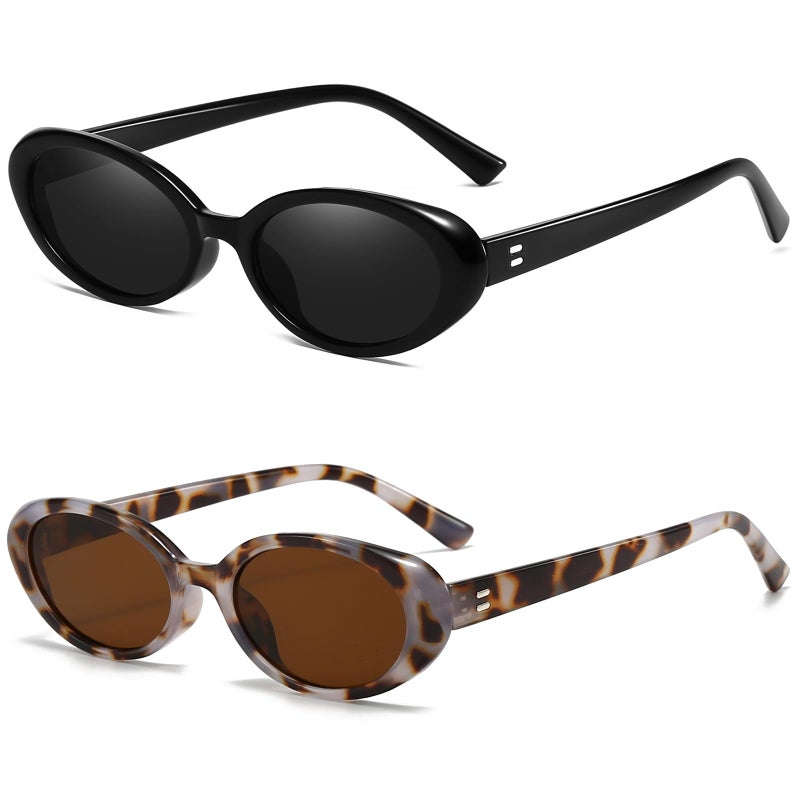 Breaksun Retro Oval Sunglasses for Women Men Fashion Small Oval Sunglasses 90s Vintage Shades (Black/Grey+Yellow Tortoise/Brown) - Image 1