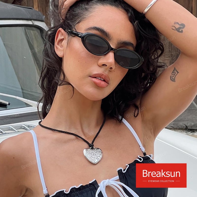 Breaksun Retro Oval Sunglasses for Women Men Fashion Small Oval Sunglasses 90s Vintage Shades (Black/Grey+Yellow Tortoise/Brown) - Image 2
