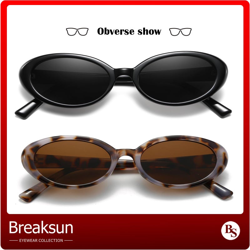 Breaksun Retro Oval Sunglasses for Women Men Fashion Small Oval Sunglasses 90s Vintage Shades (Black/Grey+Yellow Tortoise/Brown) - Image 3