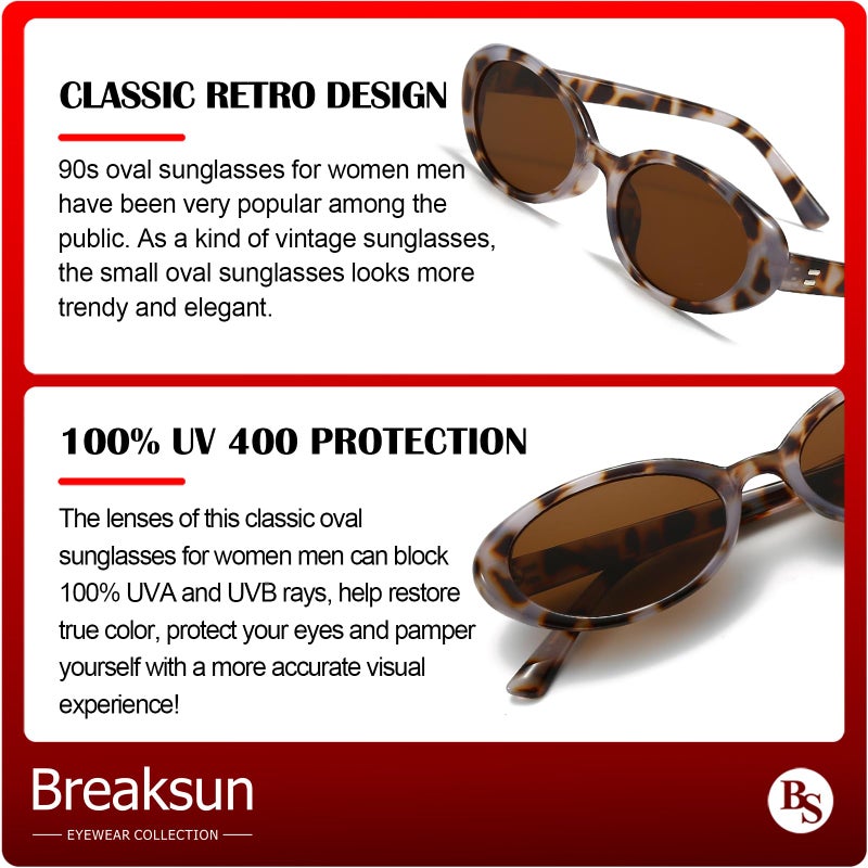 Breaksun Retro Oval Sunglasses for Women Men Fashion Small Oval Sunglasses 90s Vintage Shades (Black/Grey+Yellow Tortoise/Brown) - Image 5