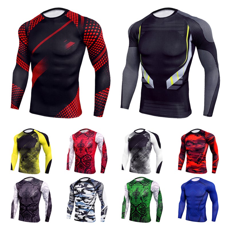 Men Long Sleeve Shirts O-neck Raglan Printed Stretchy Quick-dry Sports Tees Running Athletes Casual Tops - Image 2