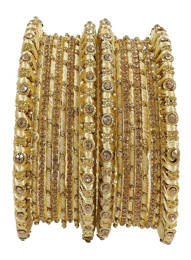 ZULKA Metal Base Metal with Silk thread and Zircon Gemstone Or Flower Shaped Glossy Finished Bangle Set For Women and Girls, (Golden_2.6 Inches), Pack Of 18 Bangle Set - Image 2