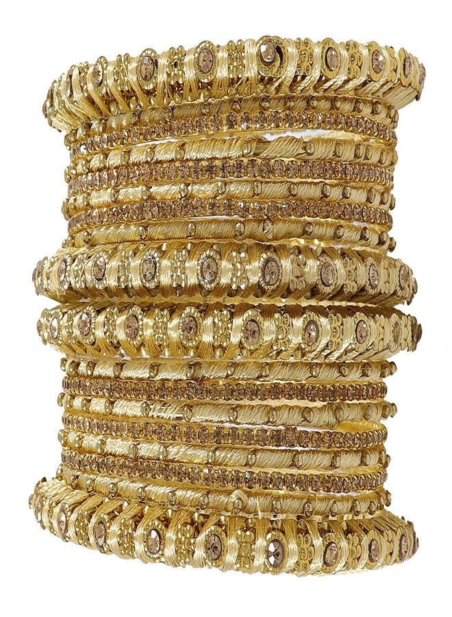 ZULKA Metal Base Metal with Silk thread and Zircon Gemstone Or Flower Shaped Glossy Finished Bangle Set For Women and Girls, (Golden_2.6 Inches), Pack Of 18 Bangle Set - Image 4