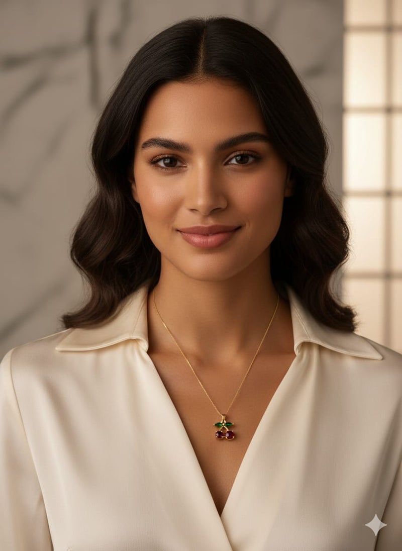 كوليه رقيق بسلسلة مطلية باللون الذهبي ، بتعليقة حبتي كرز بلون أحمر لامع . مع ورقتين مرصعتين باللون الأخضر - قابلة للتعديل لتناسب طولكِ المفضل. - Image 2