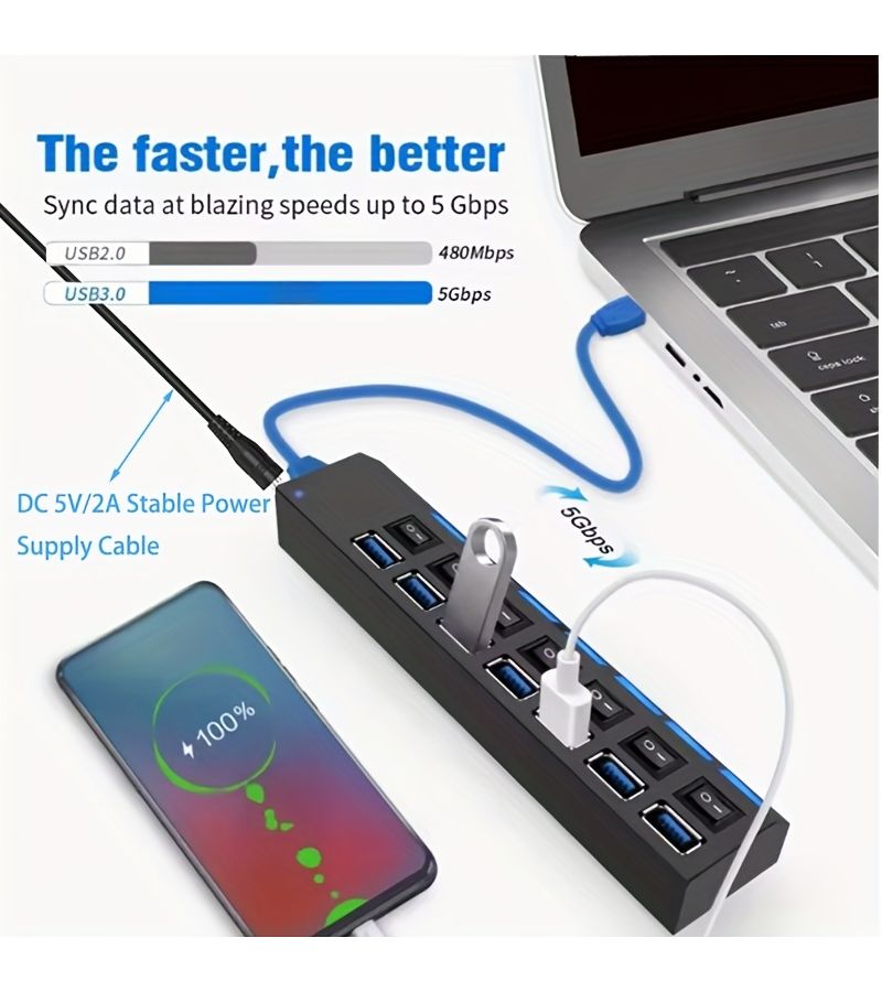 محور USB 3.0 ذو 7 منافذ مع ملحق ومفاتيح مستقلة وكابل طاقة - Image 3