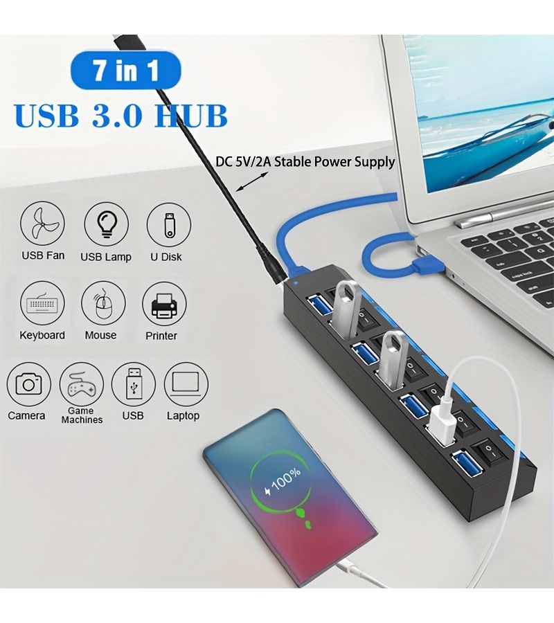 محور USB 3.0 ذو 7 منافذ مع ملحق ومفاتيح مستقلة وكابل طاقة - Image 5