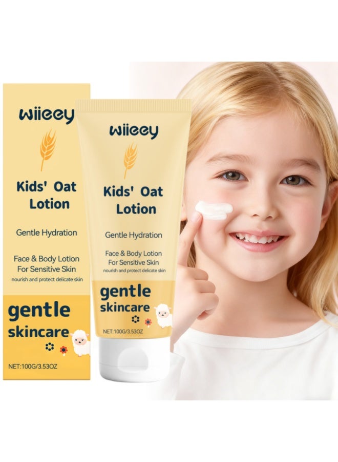 wiieey Kids Oat Face & Body Lotion, Gentle Long-Lasting Hydrating Moisturizer for Delicate Sensitive Children Skin, Fast-Absorb Non-Greasy Daily Skincare Cream 100g - Image 1