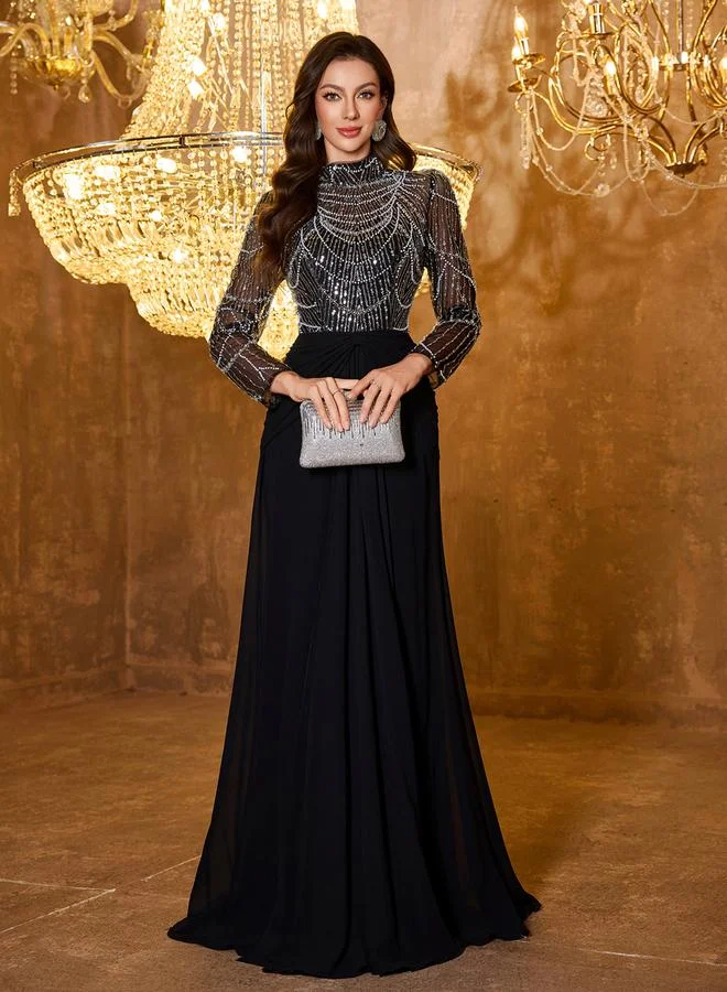 UNITHORSE Black Sequin A-Line Maxi Dress
