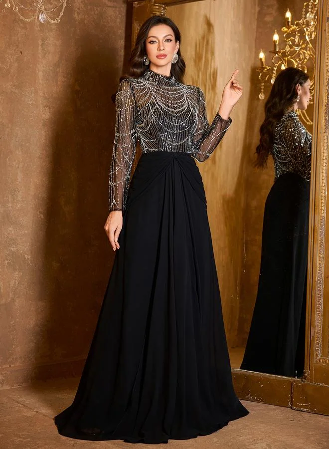 UNITHORSE Black Sequin A-Line Maxi Dress