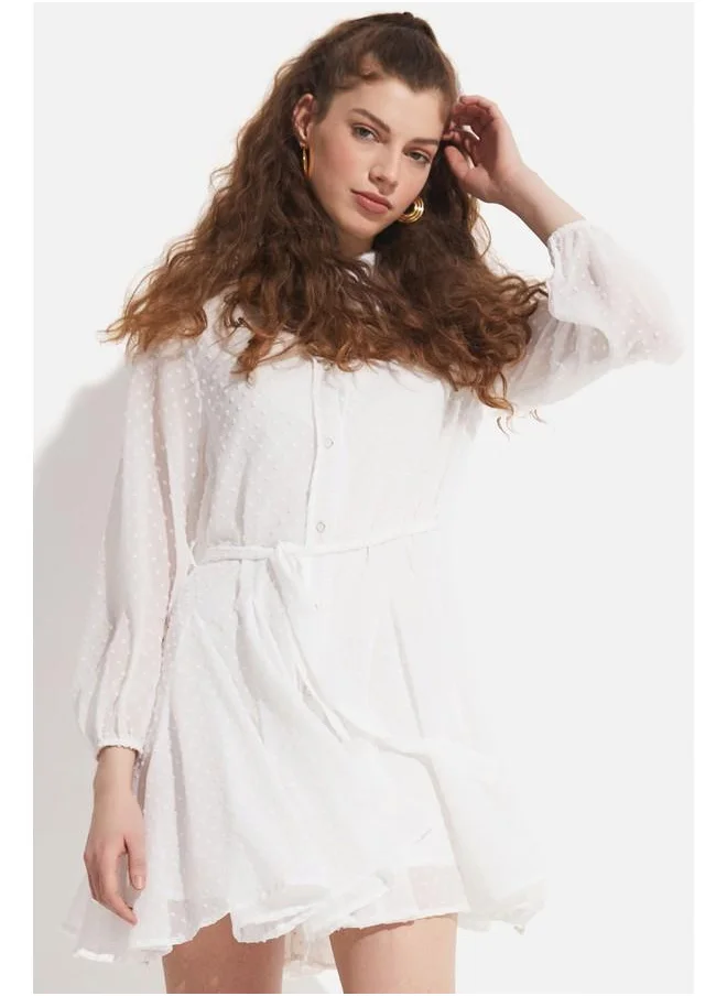 جون June Women Waist Opening Mini Lined Chiffon Woven Mini Dress White