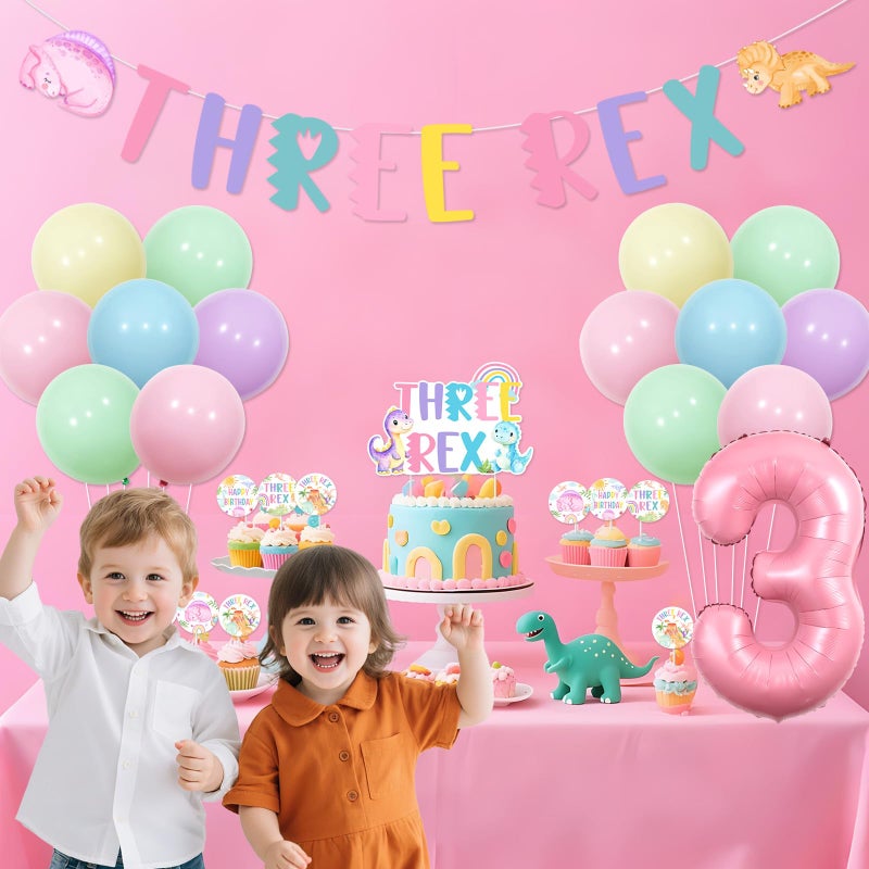 Fangleland Dinosaur 3rd Birthday Party Decorations, Three Rex Backdrop Banner Garland Cake Topper Cupcake Picks Balloons, Pink Pastel Dinosaur Theme Birthday Party Supplies for 3 Year Old Girls - Image 4