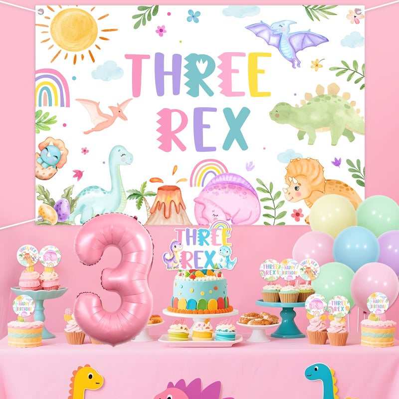 Fangleland Dinosaur 3rd Birthday Party Decorations, Three Rex Backdrop Banner Garland Cake Topper Cupcake Picks Balloons, Pink Pastel Dinosaur Theme Birthday Party Supplies for 3 Year Old Girls - Image 3