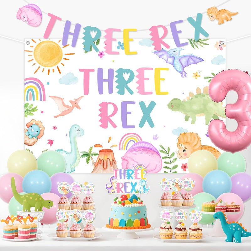 Fangleland Dinosaur 3rd Birthday Party Decorations, Three Rex Backdrop Banner Garland Cake Topper Cupcake Picks Balloons, Pink Pastel Dinosaur Theme Birthday Party Supplies for 3 Year Old Girls - Image 5