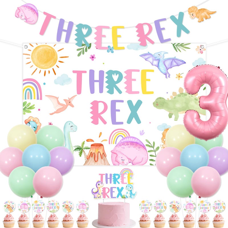 Fangleland Dinosaur 3rd Birthday Party Decorations, Three Rex Backdrop Banner Garland Cake Topper Cupcake Picks Balloons, Pink Pastel Dinosaur Theme Birthday Party Supplies for 3 Year Old Girls - Image 1