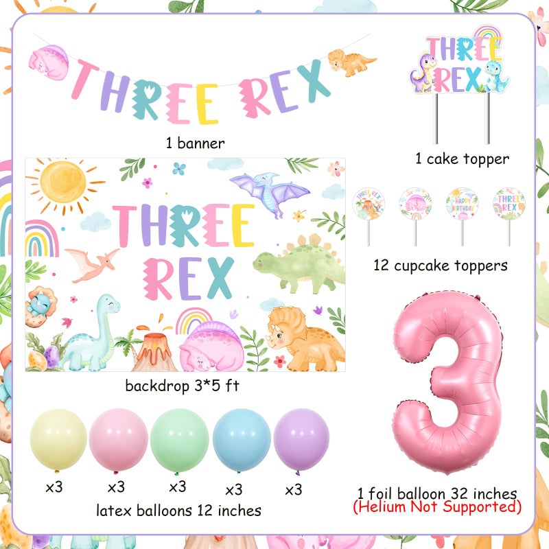 Fangleland Dinosaur 3rd Birthday Party Decorations, Three Rex Backdrop Banner Garland Cake Topper Cupcake Picks Balloons, Pink Pastel Dinosaur Theme Birthday Party Supplies for 3 Year Old Girls - Image 2