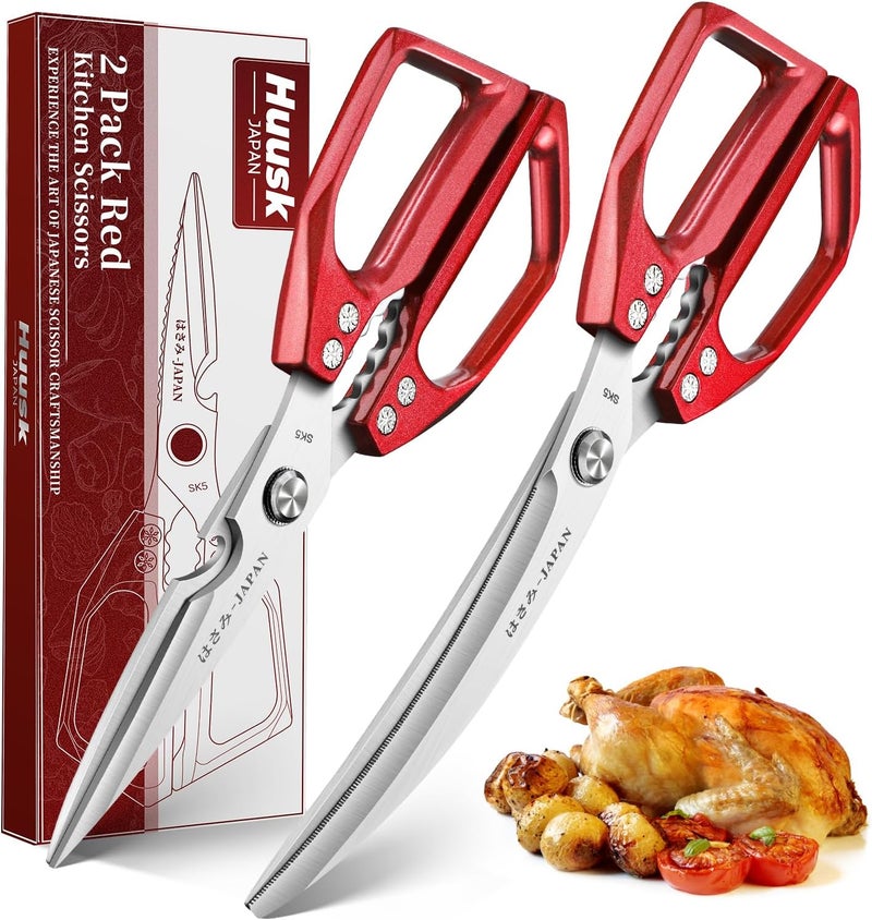 Huusk Kitchen Scissors Set Red - Stainless Steel Kitchen Shears, Sharp Meat Scissors Dishwasher Safe, Heavy Duty Poultry Shears All Purpose, Japanese Cooking Scissor for Food,Christmas Gifts for Women - Image 1
