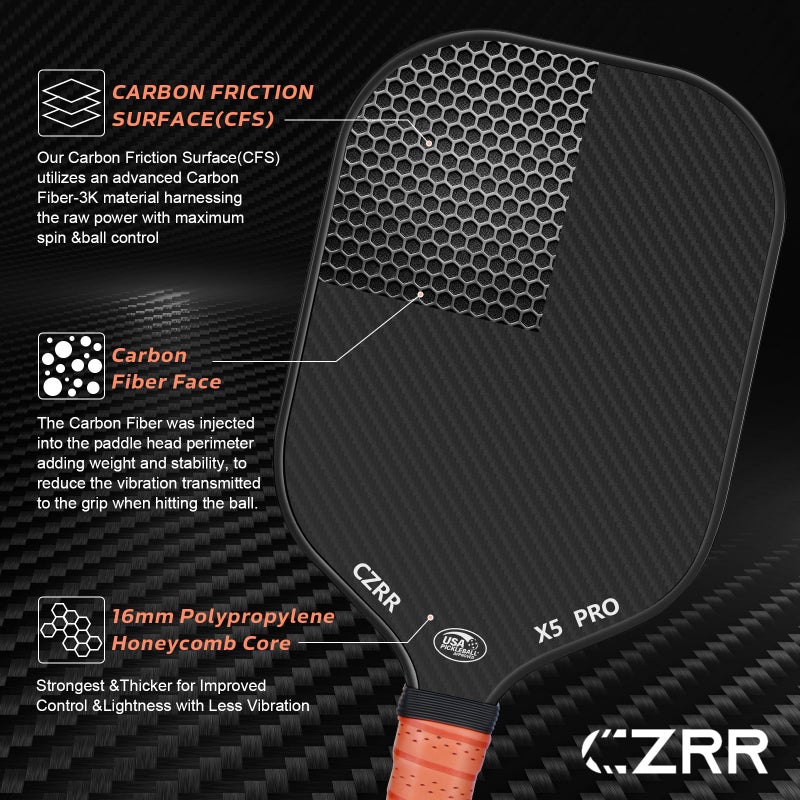 CZRR مضرب بيكلبول CZRR، معتمد من بيكلبول الولايات المتحدة، سطح من ألياف الكربون الخام 3K (CFS) عالي الخشونة والدوران، مع نواة من عسل البولي بروبيلين بسمك 16 مم، مثالي للاعبين المبتدئين والمحترفين - Image 4