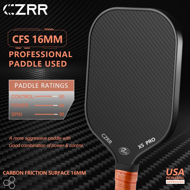CZRR مضرب بيكلبول CZRR، معتمد من بيكلبول الولايات المتحدة، سطح من ألياف الكربون الخام 3K (CFS) عالي الخشونة والدوران، مع نواة من عسل البولي بروبيلين بسمك 16 مم، مثالي للاعبين المبتدئين والمحترفين - Image 2