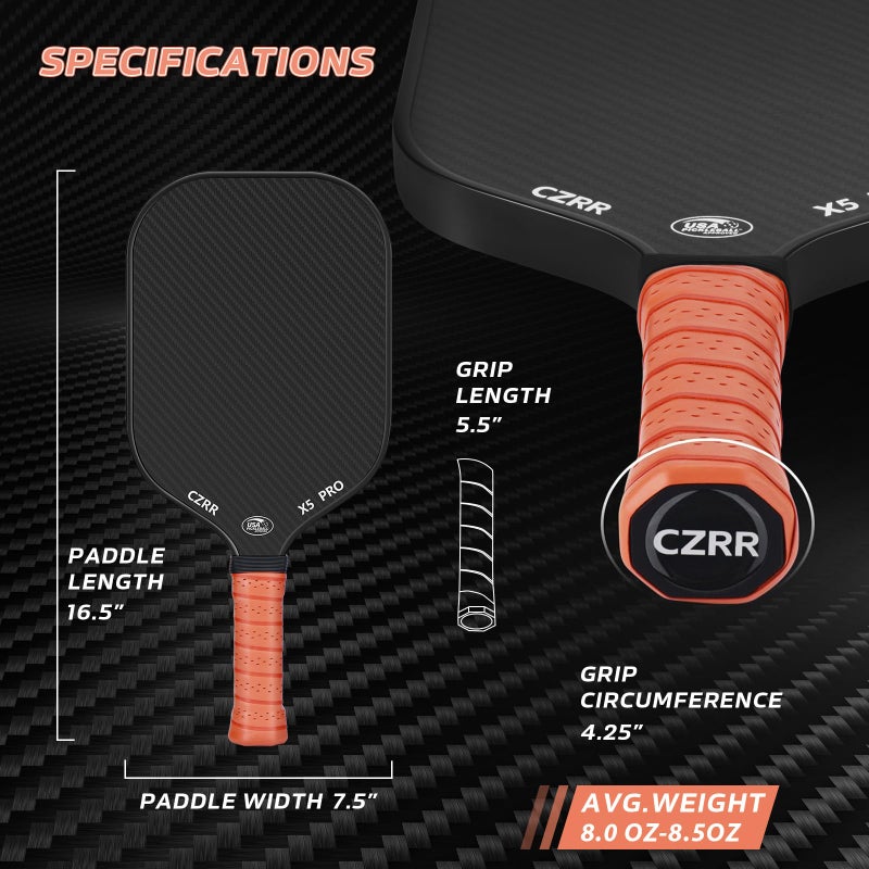 CZRR مضرب بيكلبول CZRR، معتمد من بيكلبول الولايات المتحدة، سطح من ألياف الكربون الخام 3K (CFS) عالي الخشونة والدوران، مع نواة من عسل البولي بروبيلين بسمك 16 مم، مثالي للاعبين المبتدئين والمحترفين - Image 5