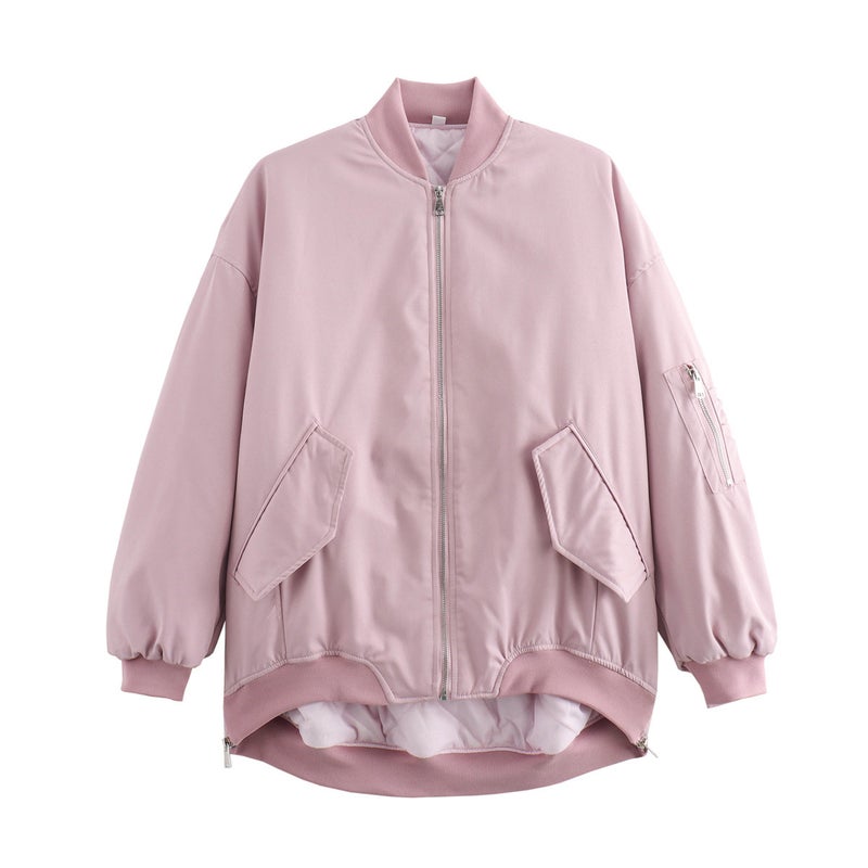 BM Boyfriend Neutral Style Vertical Collar Zipper Flying Cardigan Jacket Fashion Loose All-match Casual Solid Color Jacket Top pink purple 