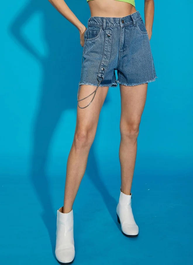 SASSAFRAS Blue Denim Shorts With Chains For Women