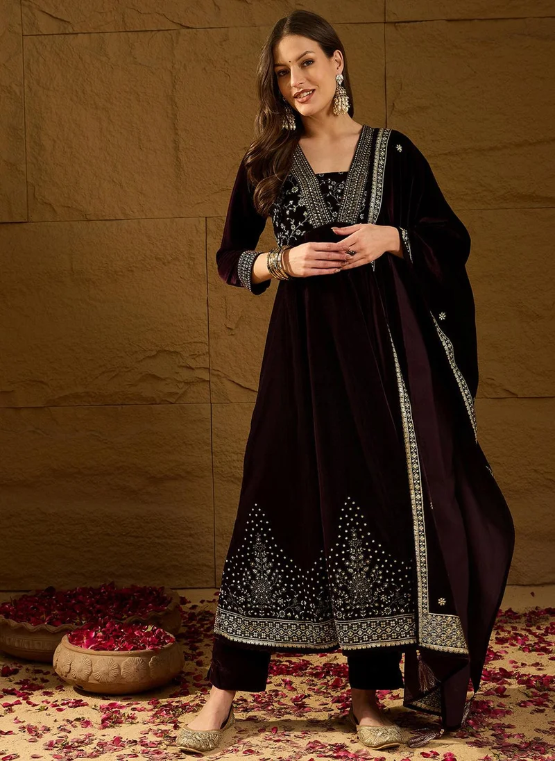زيري سوق Purple Velvet Floral Printed 3-Piece Anarkali Set