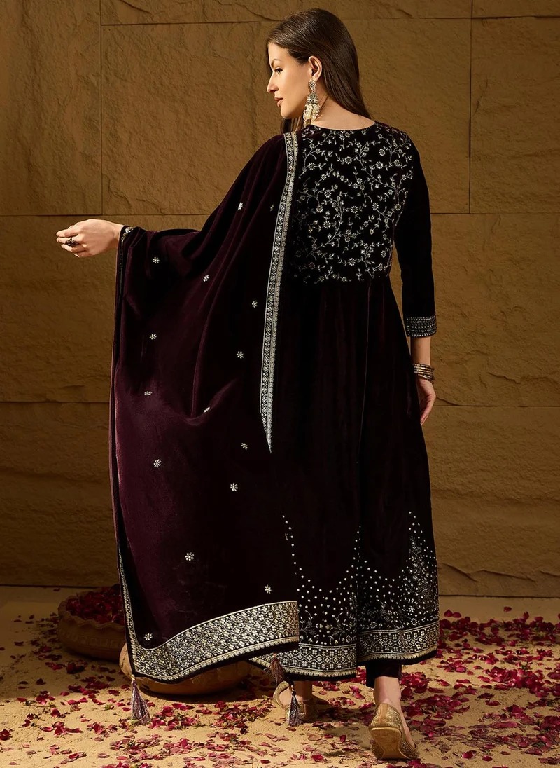ZERESOUQ Velvet Floral Printed 3-Piece Anarkali Set