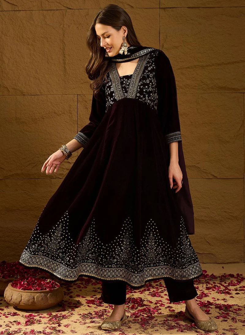 ZERESOUQ Velvet Floral Printed 3-Piece Anarkali Set