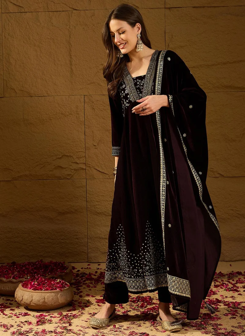 ZERESOUQ Velvet Floral Printed 3-Piece Anarkali Set