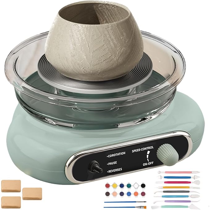 Mini Electric Pottery Wheel Ceramic Machine, Pottery Forming Machine with Adjustable Speed & Pause Pedals, Clay Modelling Tools DIY Pottery Kit for Kids Adults Beginners green