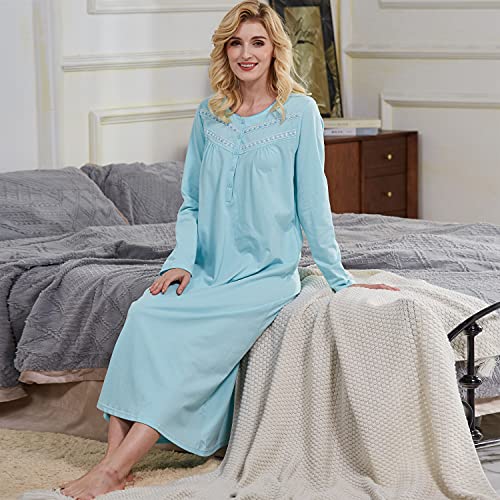 Keyocean Women's Nightgowns, Soft Comfy, and Lightweight Cotton Long Sleeves Ladies Loungewear for Sleeping, Turquoise, Small - Image 5