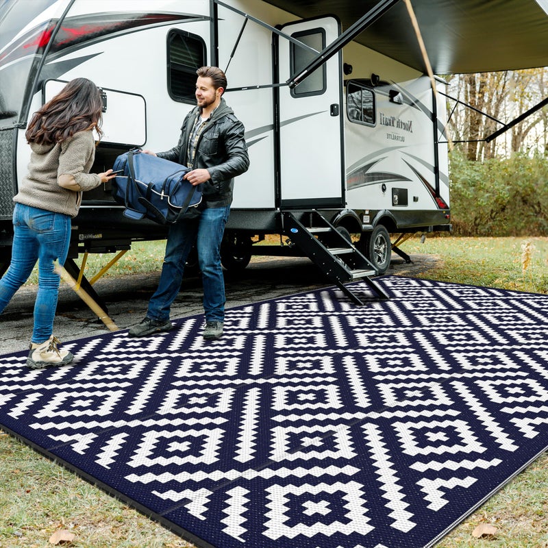 GENIMO Outdoor Rug for Patio Clearance 10x14 Waterproof Large Camping Mat Reversible Plastic Straw Rugs for RV Camper Balcony Backyard Picnic Deck Navy Blue White