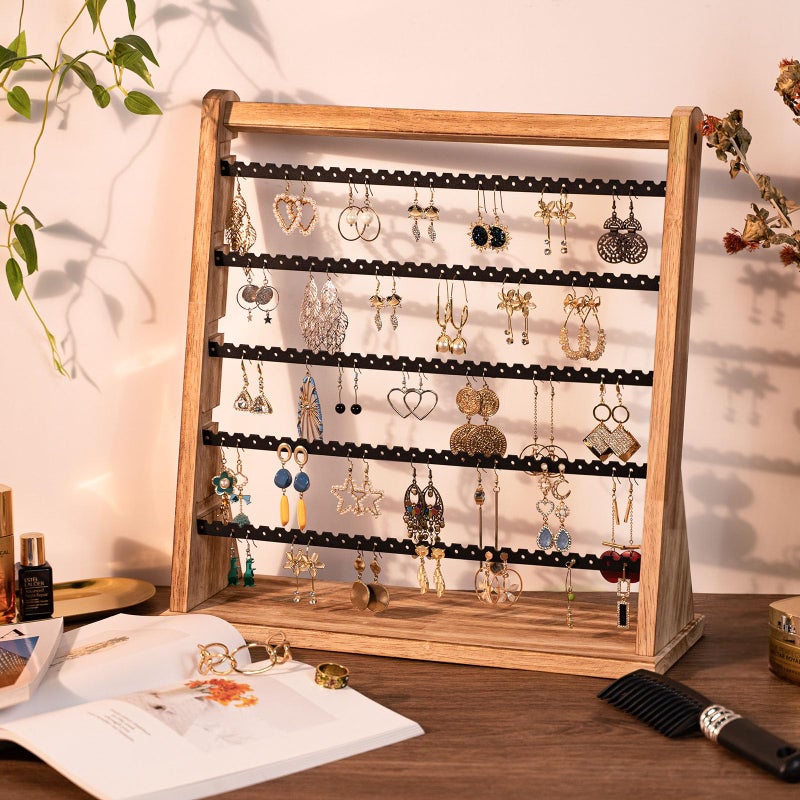 Poyilooo Earring Holder Organizer, Rustic Wood Earring Holder Stand, 5 Layer Jewelry Holder Organizer with 270 Earring Tree Holes Display Rack for Stud Earings & Hoop Earrings, Gifts for Women - Image 2