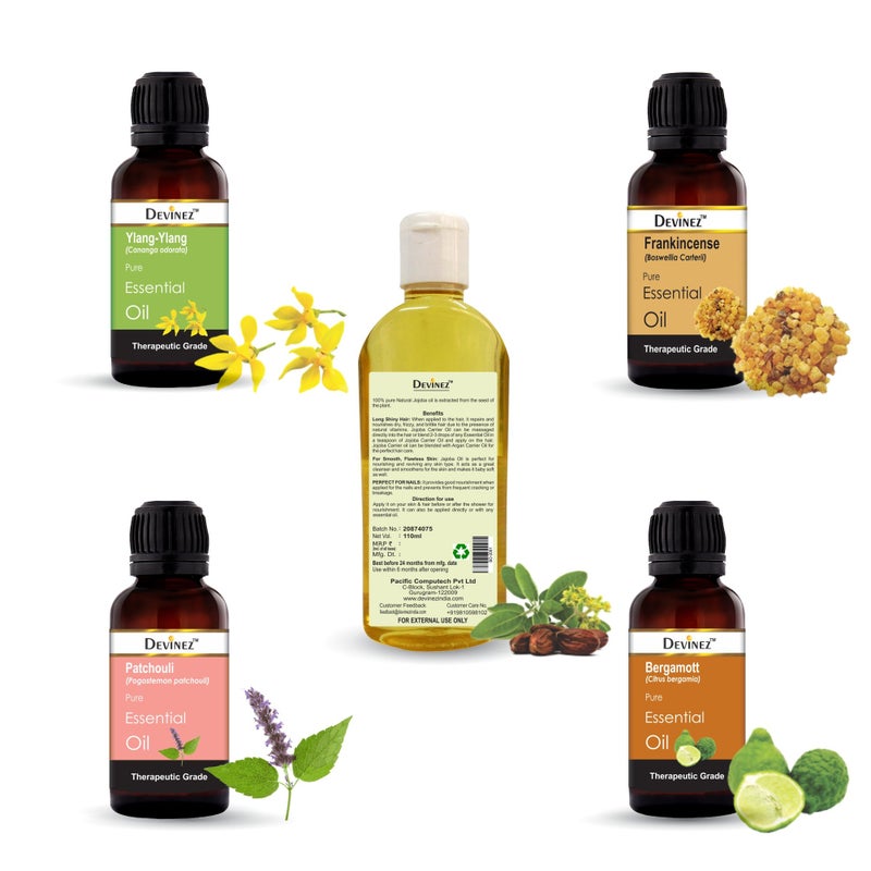 Devinez Pack of 5 Essential/Carrier Oils, Jojoba - 110ml, Bergamot-10ml, Frankincense-10ml, Ylang-ylang-10ml, Patchouli-10ml - best oils for Facial serum - Image 2