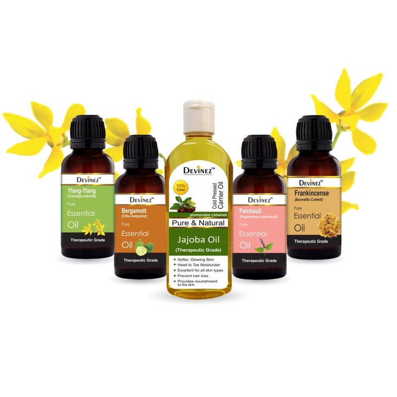 Devinez Pack of 5 Essential/Carrier Oils, Jojoba - 110ml, Bergamot-10ml, Frankincense-10ml, Ylang-ylang-10ml, Patchouli-10ml - best oils for Facial serum - Image 1