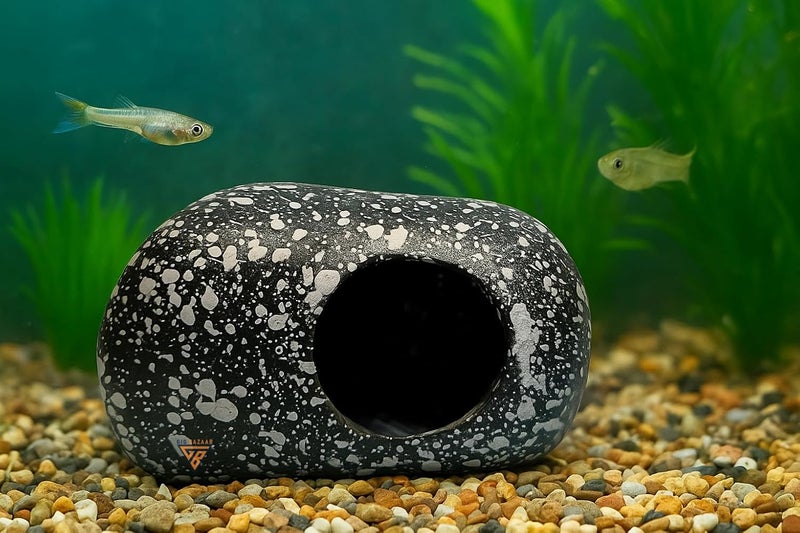 GIG BAZAAR Aquarium Stone Rock Cave Hideaway, Speckled Granite Design, Hidden Space for Fish and Shrimp Shelter, Tank Decoration Ornament Accessories Pack of-2 (Black) - Image 1