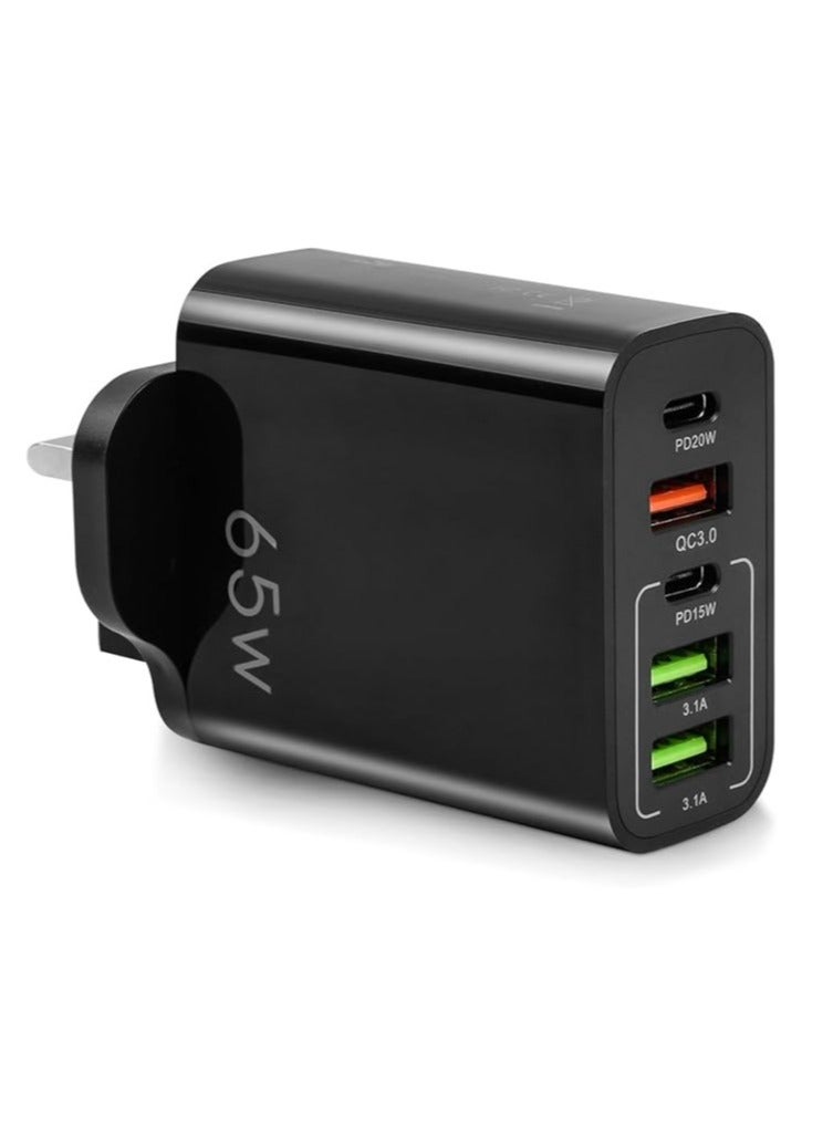 5-Port 65W USB Fast Charger Plug PD Power Adapter, Multi USB Plug UK Type C Charging Plug Compatible for iPhone 15/14 Pro Max and AirPods, iPad,Samsung S24/23 Ultra-Black - Image 1