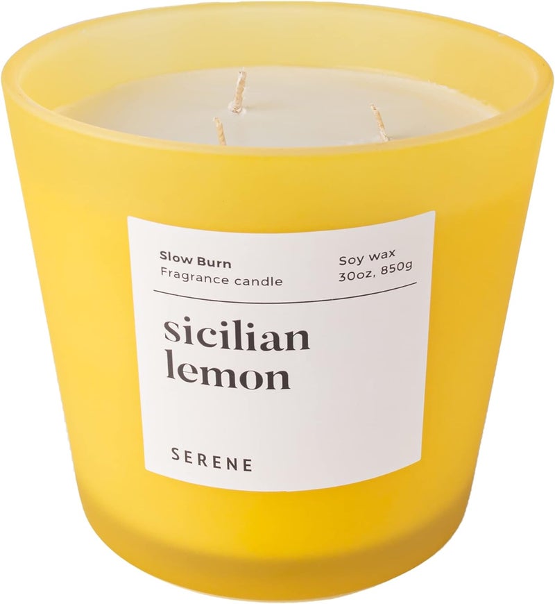 Hidden Label شمعة معطرة كبيرة من ماركة Hidden Label، عطر Sicilian Lemon، شمعة ضخمة 30 أونصة بثلاث فتائل، شموع الصويا الطبيعية بطيئة الاحتراق للمنزل من مجموعة Serene - Image 1