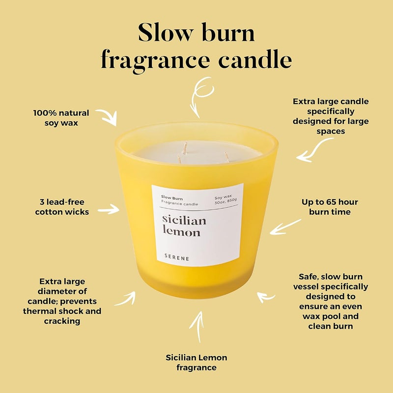 Hidden Label شمعة معطرة كبيرة من ماركة Hidden Label، عطر Sicilian Lemon، شمعة ضخمة 30 أونصة بثلاث فتائل، شموع الصويا الطبيعية بطيئة الاحتراق للمنزل من مجموعة Serene - Image 4