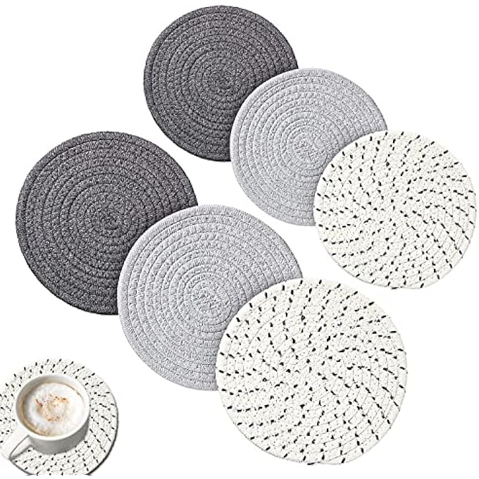 Khazna 6Pcs Pot Trivets Large Braided Woven Trivet Coaster Cotton Thread Weave Cup Coaster Hot Dish Pad Mat For Kitchen Cooking Supplies Gray Dark Gray White 7 Inch And 47 Inch - Image 1
