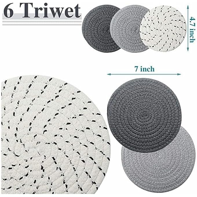 Khazna 6Pcs Pot Trivets Large Braided Woven Trivet Coaster Cotton Thread Weave Cup Coaster Hot Dish Pad Mat For Kitchen Cooking Supplies Gray Dark Gray White 7 Inch And 47 Inch - Image 5