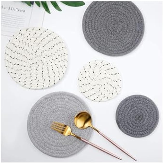 Khazna 6Pcs Pot Trivets Large Braided Woven Trivet Coaster Cotton Thread Weave Cup Coaster Hot Dish Pad Mat For Kitchen Cooking Supplies Gray Dark Gray White 7 Inch And 47 Inch - Image 2
