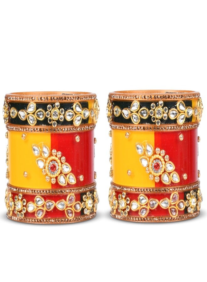 EMERY Tricolor (Yellow, Green, Red) Chuda Bangles Set-2, Rajwada Design, Kundan Zari Handwork, Perfect for Weddings, Engagements, Festivals, Bangles for Women & Girls (STYLE 2, 2.6) - Image 3