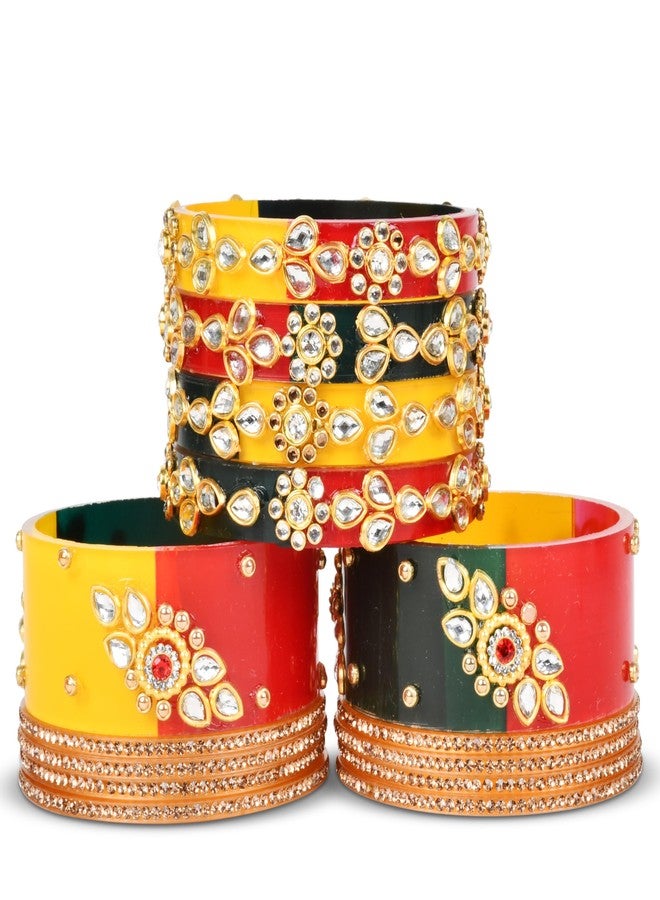 EMERY Tricolor (Yellow, Green, Red) Chuda Bangles Set-2, Rajwada Design, Kundan Zari Handwork, Perfect for Weddings, Engagements, Festivals, Bangles for Women & Girls (STYLE 2, 2.6) - Image 4