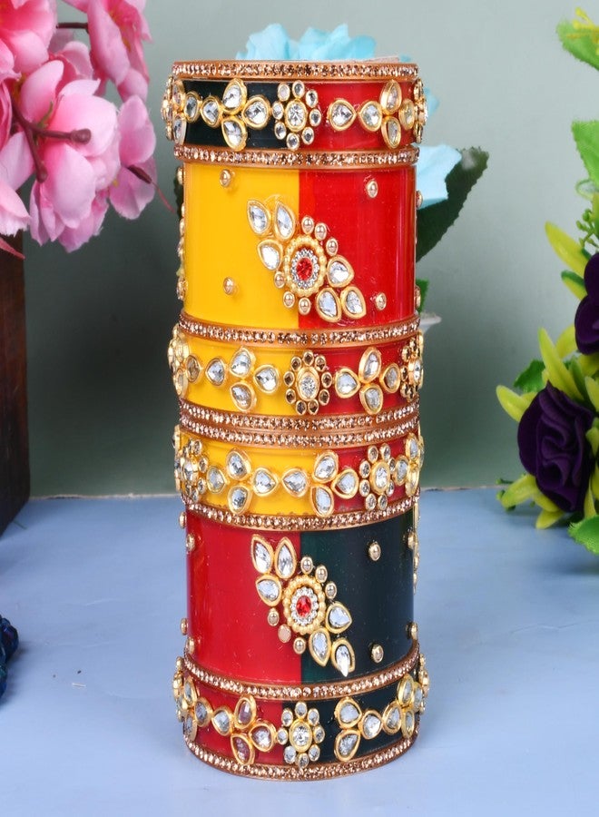 EMERY Tricolor (Yellow, Green, Red) Chuda Bangles Set-2, Rajwada Design, Kundan Zari Handwork, Perfect for Weddings, Engagements, Festivals, Bangles for Women & Girls (STYLE 2, 2.6) - Image 5