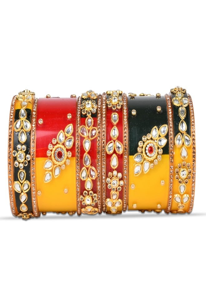 EMERY Tricolor (Yellow, Green, Red) Chuda Bangles Set-2, Rajwada Design, Kundan Zari Handwork, Perfect for Weddings, Engagements, Festivals, Bangles for Women & Girls (STYLE 2, 2.6) - Image 2