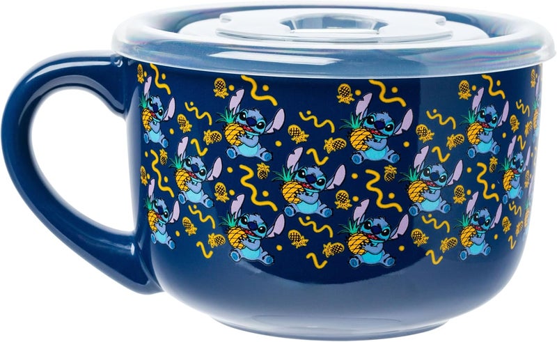 Silver Buffalo Lilo and Stitch Holding Pineapple Pattern 24oz Ceramic Soup Mug w Vented Plastic Lid - Image 2