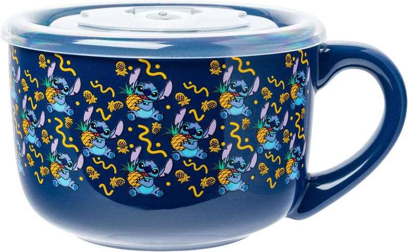 Silver Buffalo Lilo and Stitch Holding Pineapple Pattern 24oz Ceramic Soup Mug w Vented Plastic Lid - Image 1